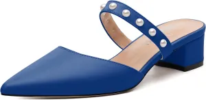 Womens Slippers Low Block Heels Pointed Toe Mule Pumps with Waist Strap Pearl Decoration Slip-on Women Sandals