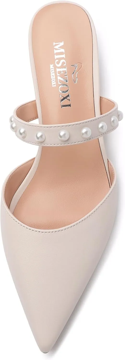 Womens Slippers Low Block Heels Pointed Toe Mule Pumps with Waist Strap Pearl Decoration Slip-on Women Sandals
