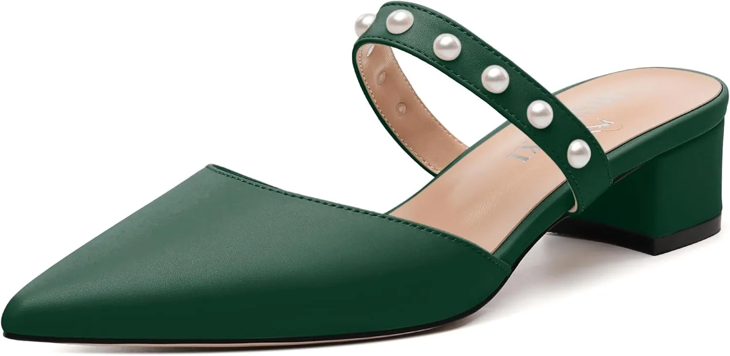 Womens Slippers Low Block Heels Pointed Toe Mule Pumps with Waist Strap Pearl Decoration Slip-on Women Sandals