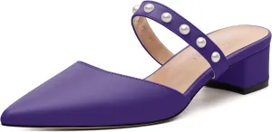 Womens Slippers Low Block Heels Pointed Toe Mule Pumps with Waist Strap Pearl Decoration Slip-on Women Sandals