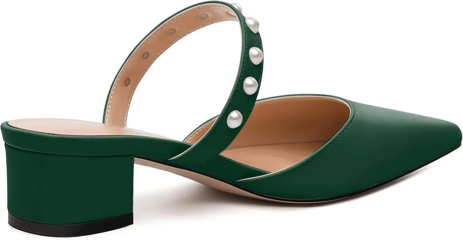 Womens Slippers Low Block Heels Pointed Toe Mule Pumps with Waist Strap Pearl Decoration Slip-on Women Sandals