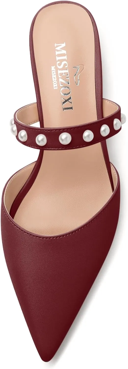 Womens Slippers Low Block Heels Pointed Toe Mule Pumps with Waist Strap Pearl Decoration Slip-on Women Sandals