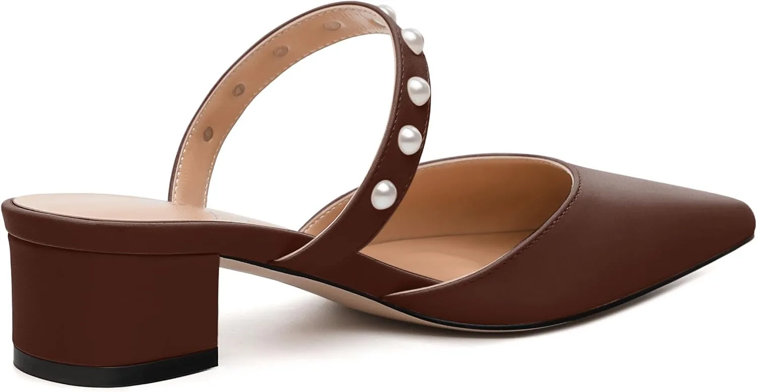 Womens Slippers Low Block Heels Pointed Toe Mule Pumps with Waist Strap Pearl Decoration Slip-on Women Sandals