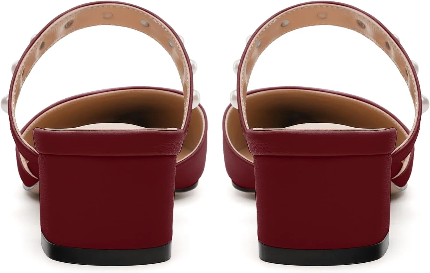 Womens Slippers Low Block Heels Pointed Toe Mule Pumps with Waist Strap Pearl Decoration Slip-on Women Sandals