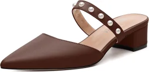 Womens Slippers Low Block Heels Pointed Toe Mule Pumps with Waist Strap Pearl Decoration Slip-on Women Sandals