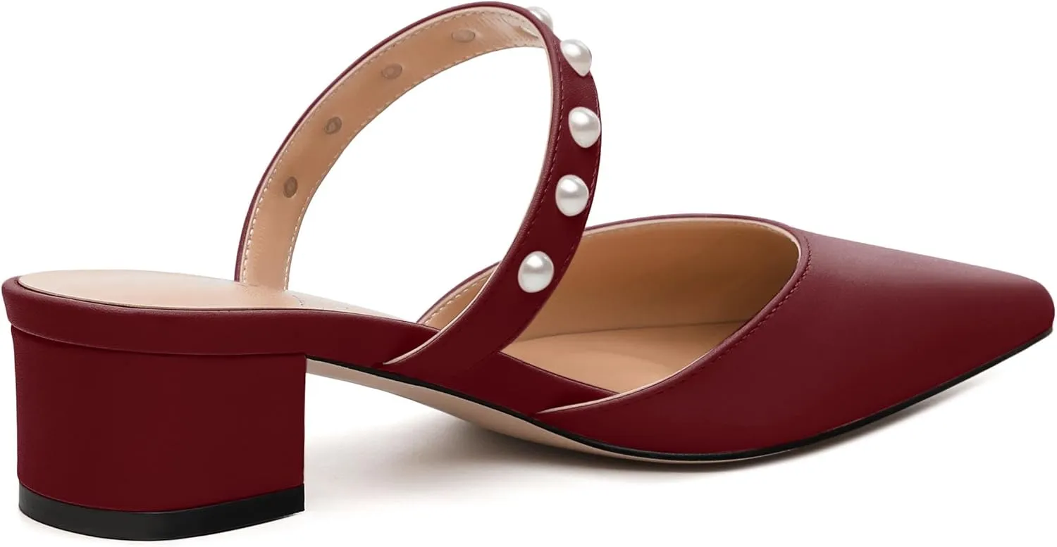 Womens Slippers Low Block Heels Pointed Toe Mule Pumps with Waist Strap Pearl Decoration Slip-on Women Sandals