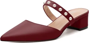 Womens Slippers Low Block Heels Pointed Toe Mule Pumps with Waist Strap Pearl Decoration Slip-on Women Sandals