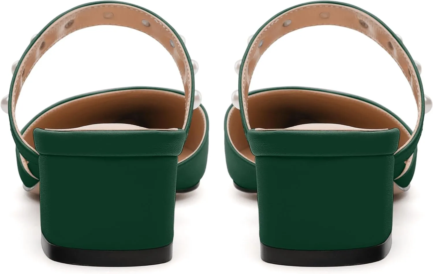 Womens Slippers Low Block Heels Pointed Toe Mule Pumps with Waist Strap Pearl Decoration Slip-on Women Sandals