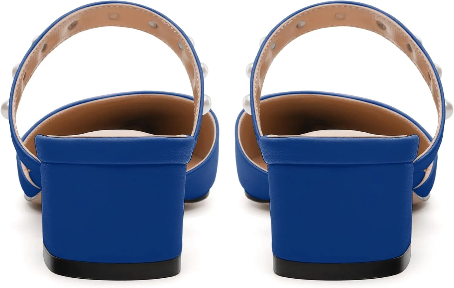 Womens Slippers Low Block Heels Pointed Toe Mule Pumps with Waist Strap Pearl Decoration Slip-on Women Sandals