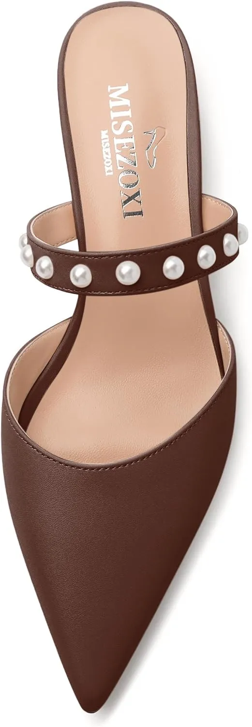 Womens Slippers Low Block Heels Pointed Toe Mule Pumps with Waist Strap Pearl Decoration Slip-on Women Sandals