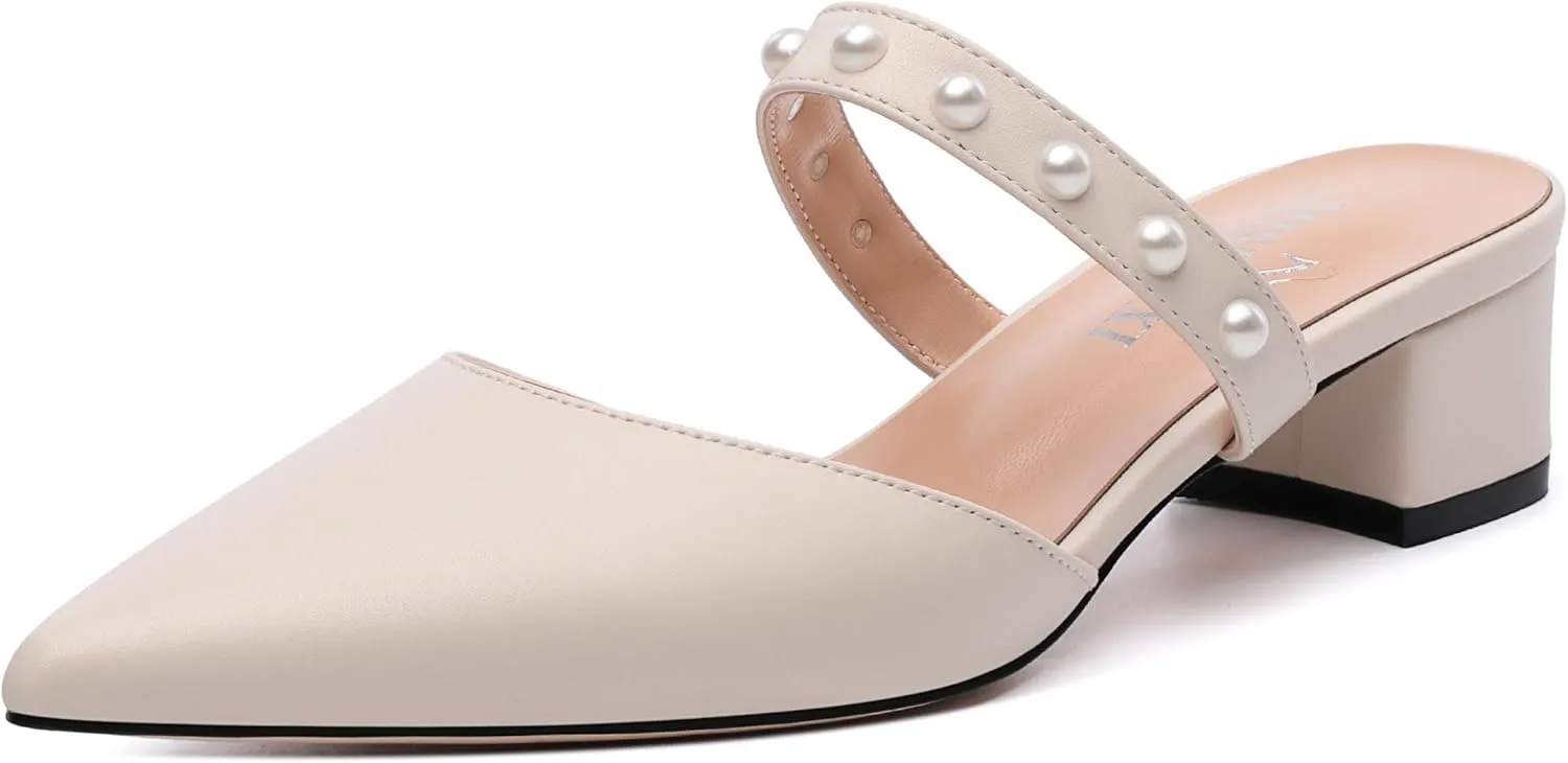 Womens Slippers Low Block Heels Pointed Toe Mule Pumps with Waist Strap Pearl Decoration Slip-on Women Sandals