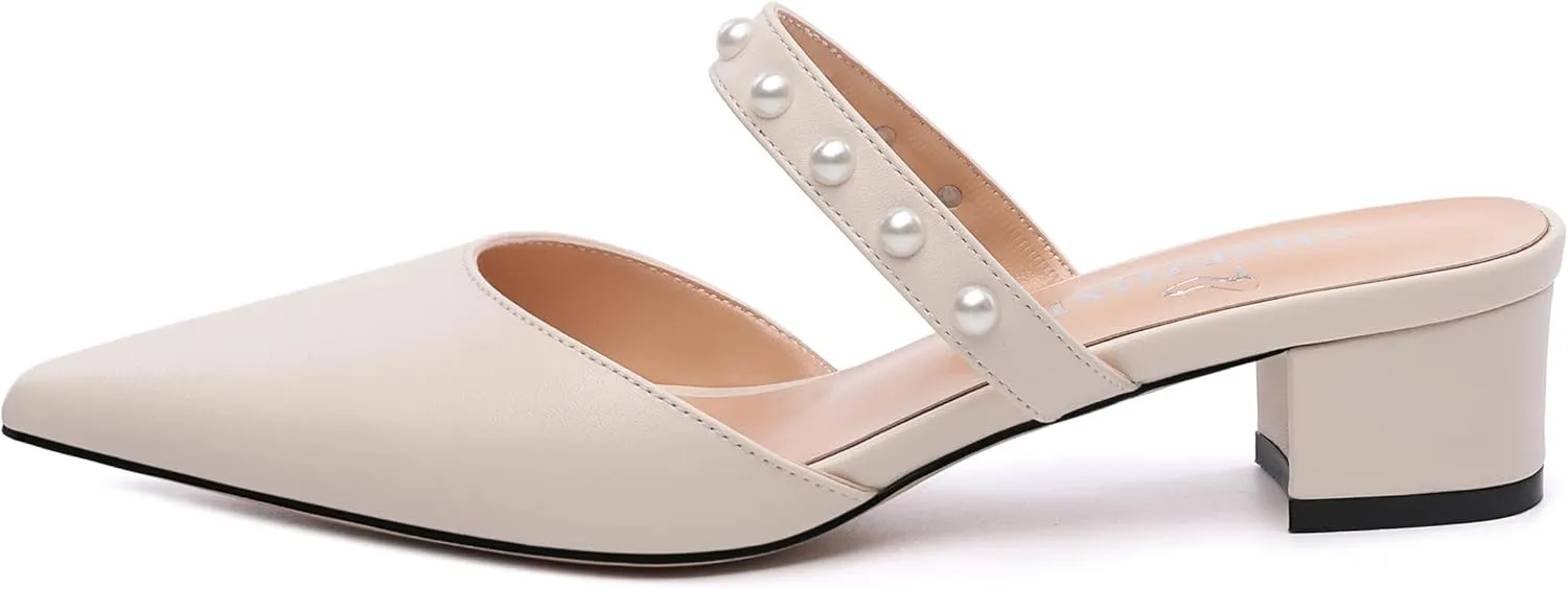 Womens Slippers Low Block Heels Pointed Toe Mule Pumps with Waist Strap Pearl Decoration Slip-on Women Sandals