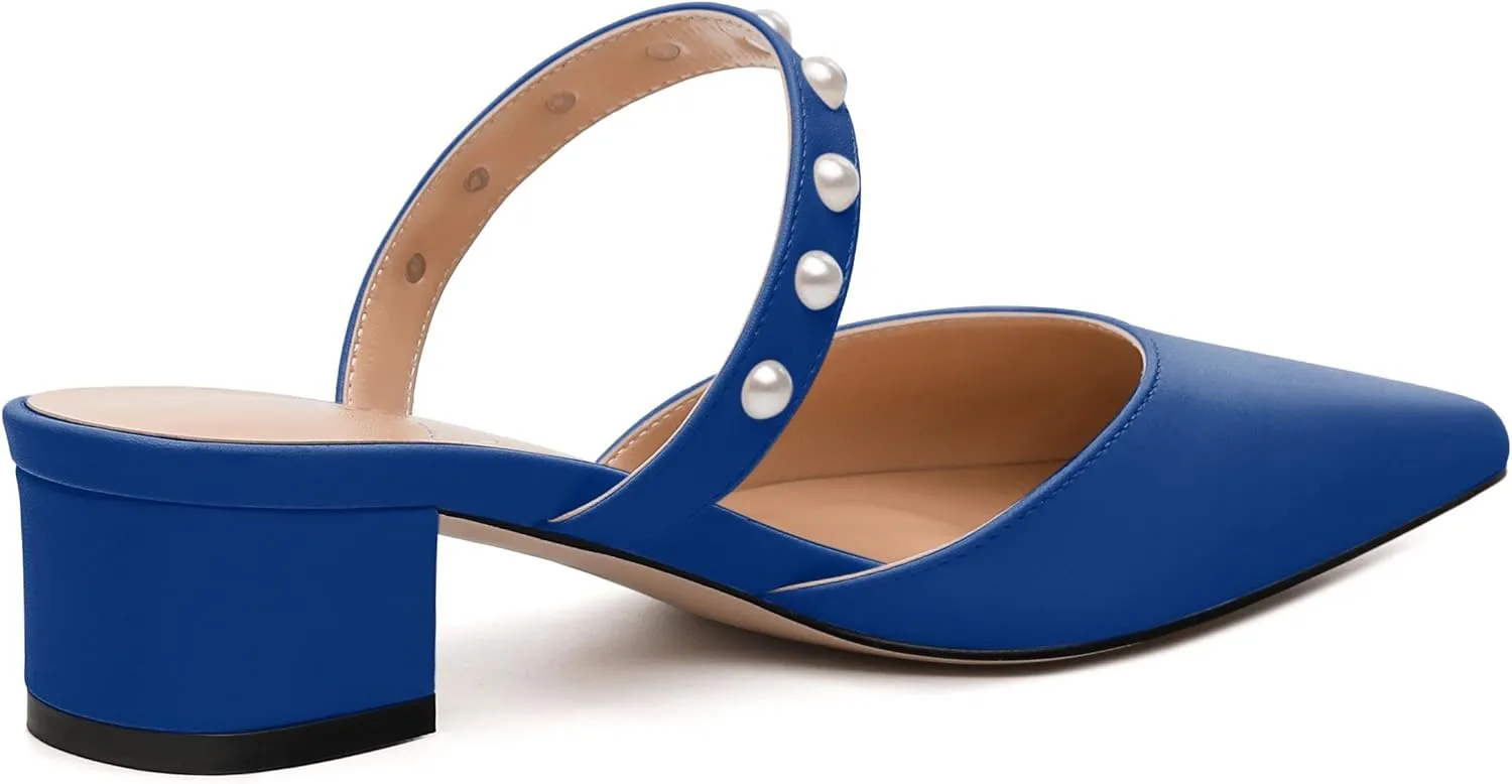 Womens Slippers Low Block Heels Pointed Toe Mule Pumps with Waist Strap Pearl Decoration Slip-on Women Sandals