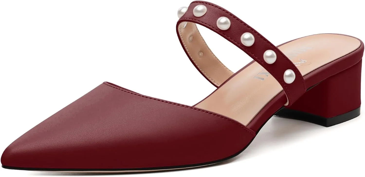 Womens Slippers Low Block Heels Pointed Toe Mule Pumps with Waist Strap Pearl Decoration Slip-on Women Sandals