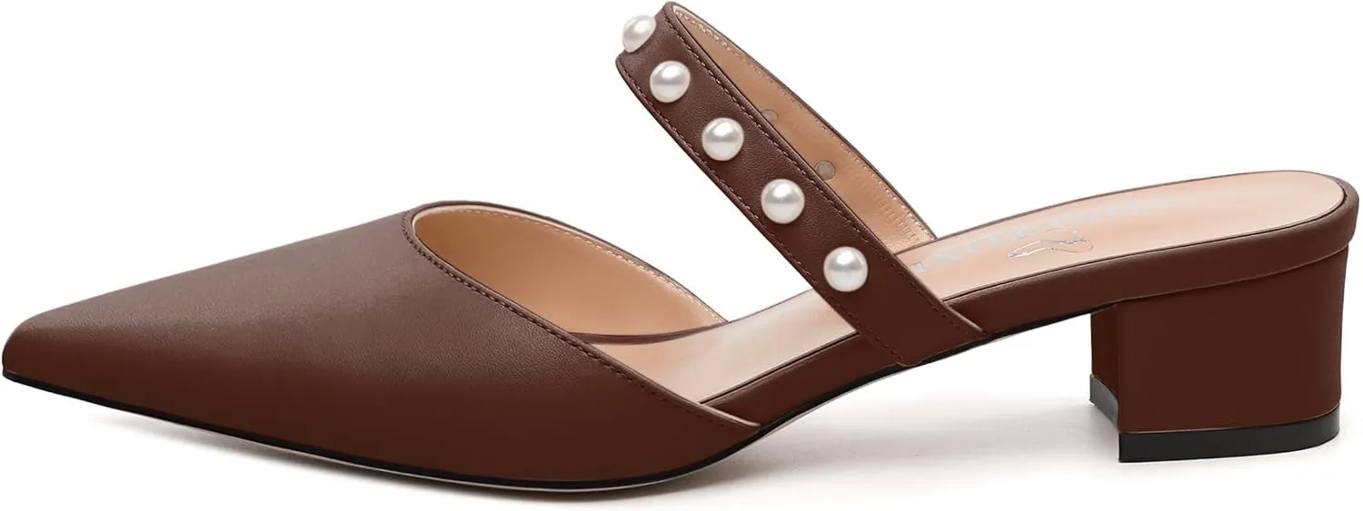 Womens Slippers Low Block Heels Pointed Toe Mule Pumps with Waist Strap Pearl Decoration Slip-on Women Sandals