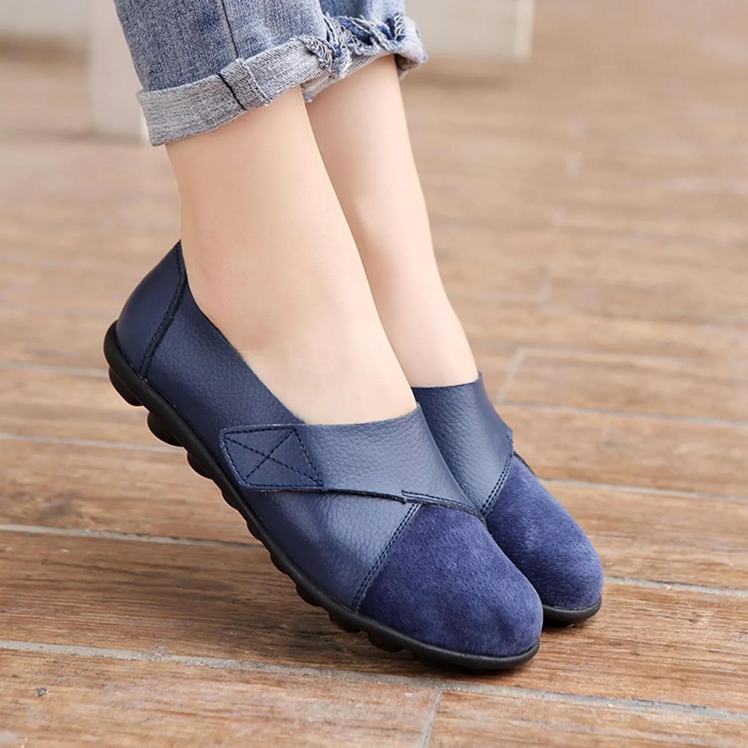 Women's Soft Leather Casual Slip On Flat Loafers Round Toe Adjustable Hook and Loop Comfort Walking Driving Shoes