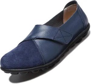 Women's Soft Leather Casual Slip On Flat Loafers Round Toe Adjustable Hook and Loop Comfort Walking Driving Shoes