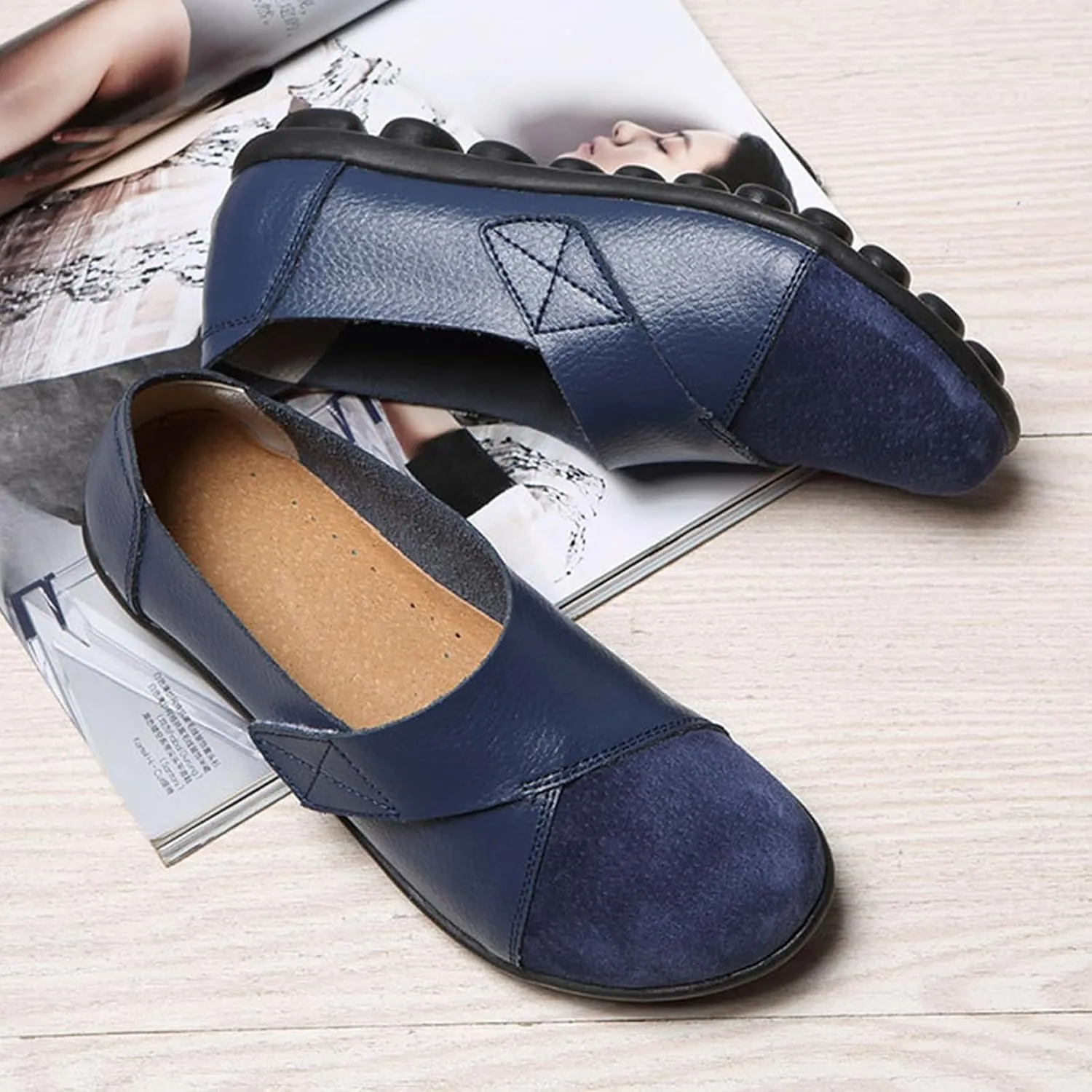 Women's Soft Leather Casual Slip On Flat Loafers Round Toe Adjustable Hook and Loop Comfort Walking Driving Shoes