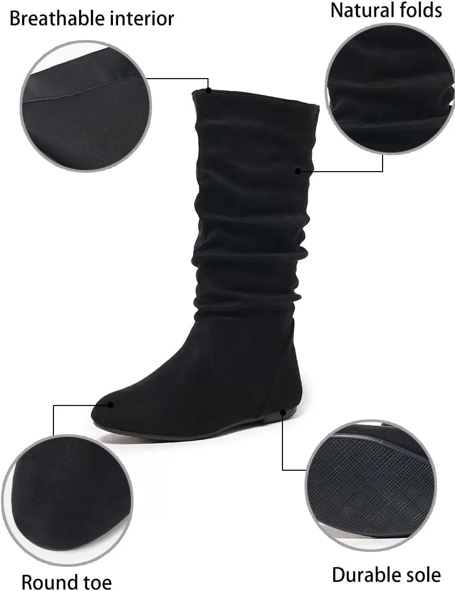 Women's Soft Suede Low Heel Mid Calf Boots | Comfortable Fall Outdoor Footwear with Side Zipper & Non-Slip Sole - Flat Boots,slouch boots for women