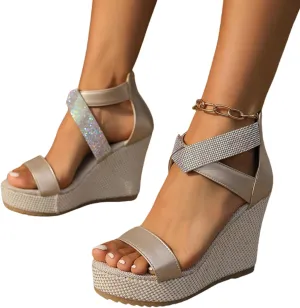Women's Stylish Rhinestone Platform Wedge Sandals Open Toe Summer Casual Shoes Espadrille Ankle Strap Zipper Dress Sandals