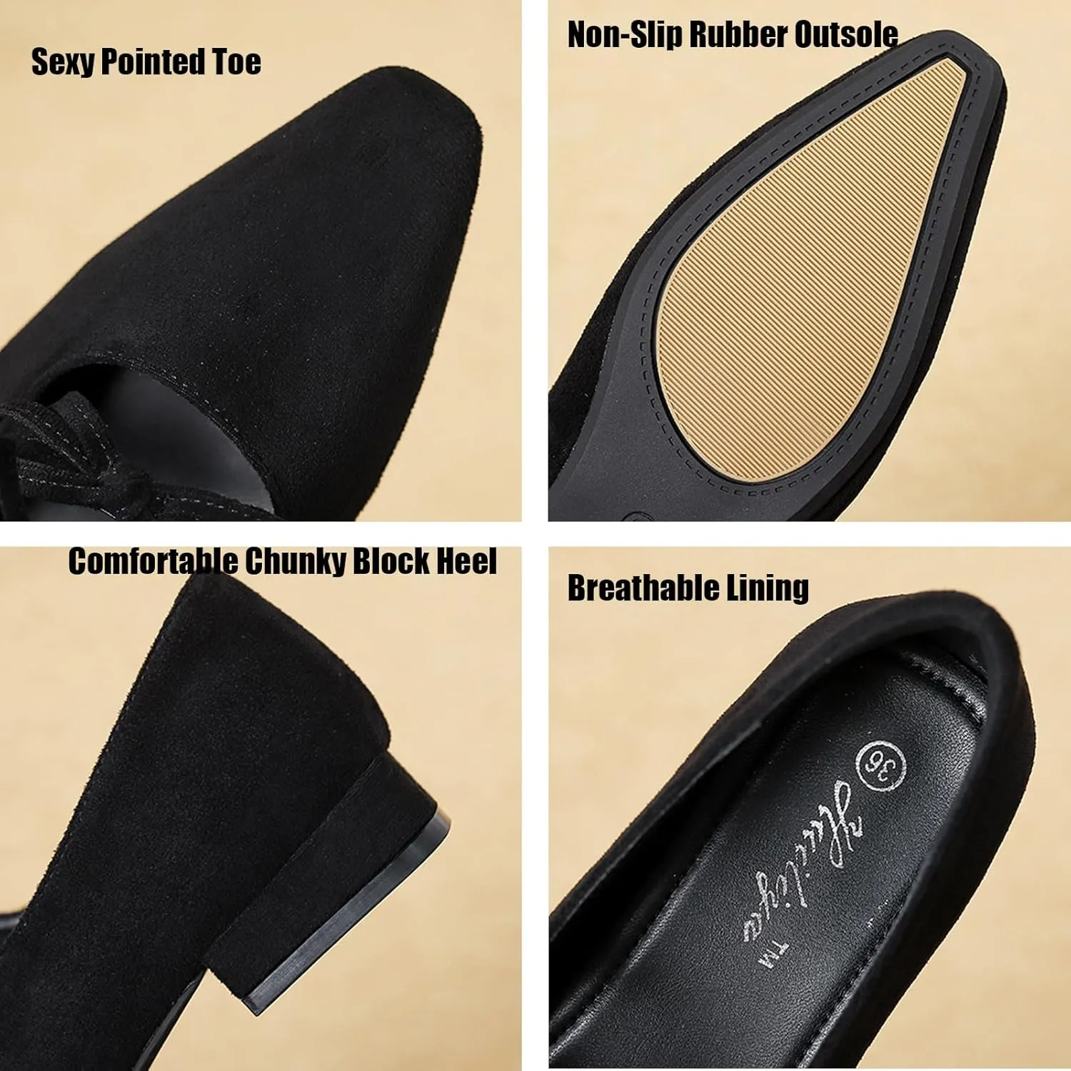 Women's Suede Double Strap Pointed Toe Mary Jane Flat Walking Shoes Fashion Bow Elastic Strap Comfortable Low Block Heel Dress Shoes for Office Work Party
