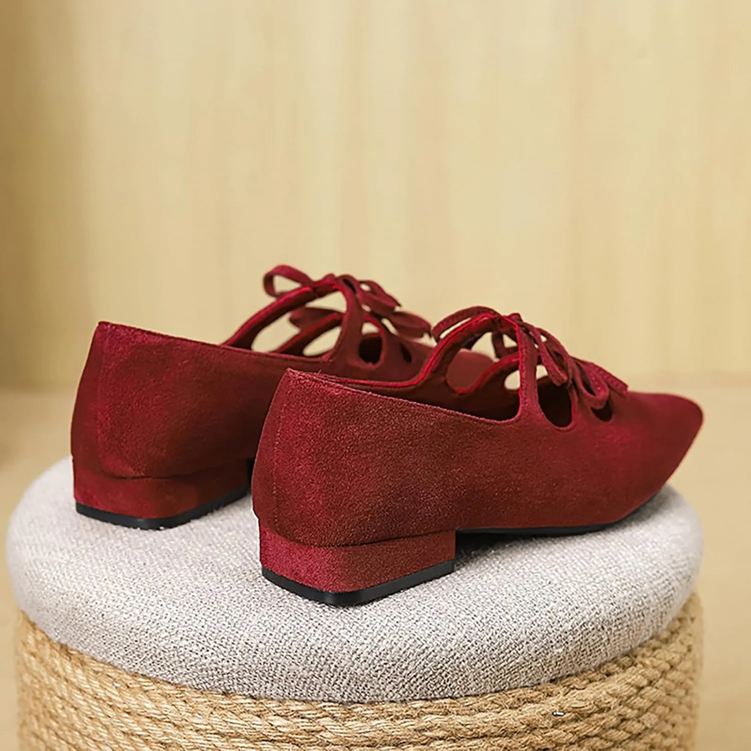 Women's Suede Double Strap Pointed Toe Mary Jane Flat Walking Shoes Fashion Bow Elastic Strap Comfortable Low Block Heel Dress Shoes for Office Work Party