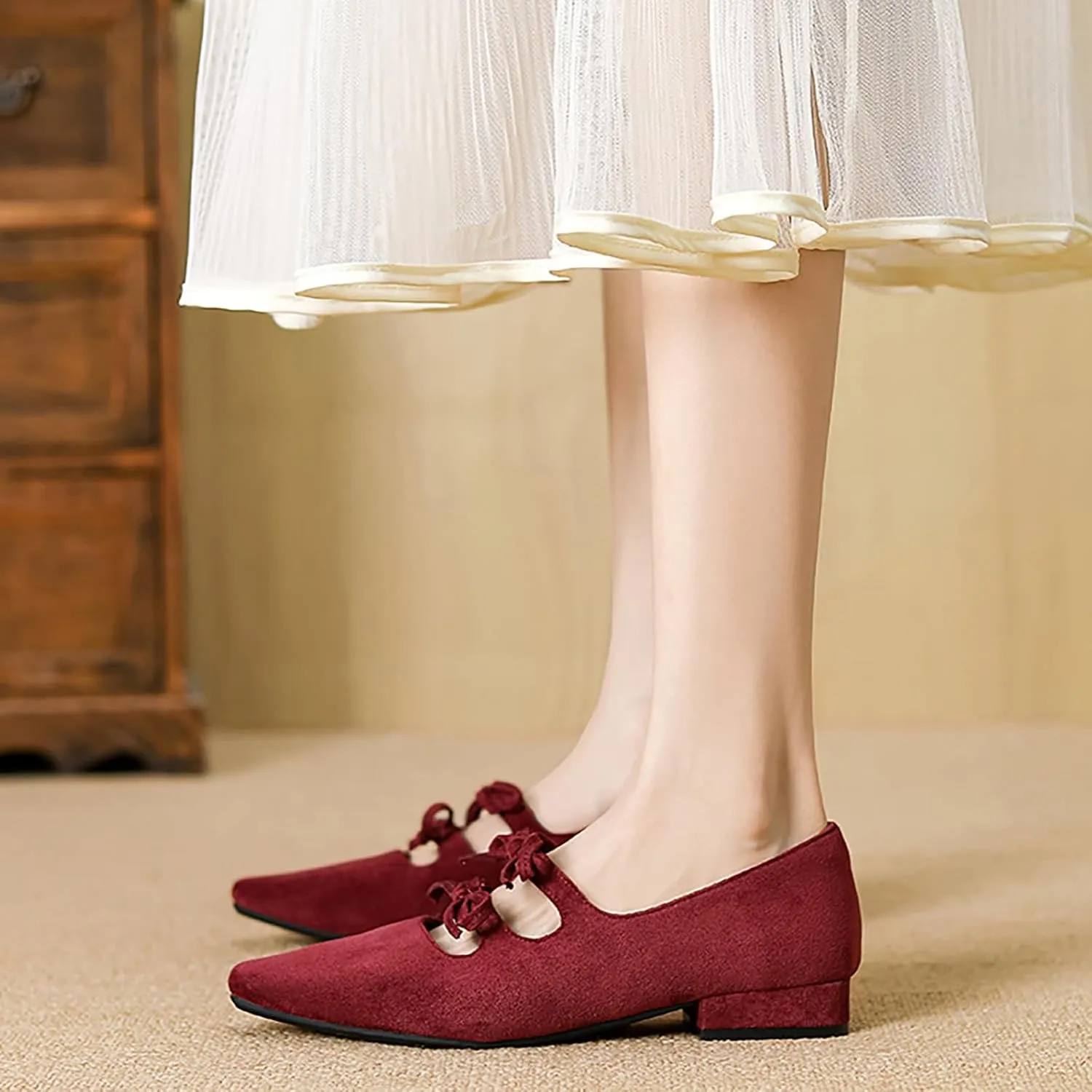 Women's Suede Double Strap Pointed Toe Mary Jane Flat Walking Shoes Fashion Bow Elastic Strap Comfortable Low Block Heel Dress Shoes for Office Work Party