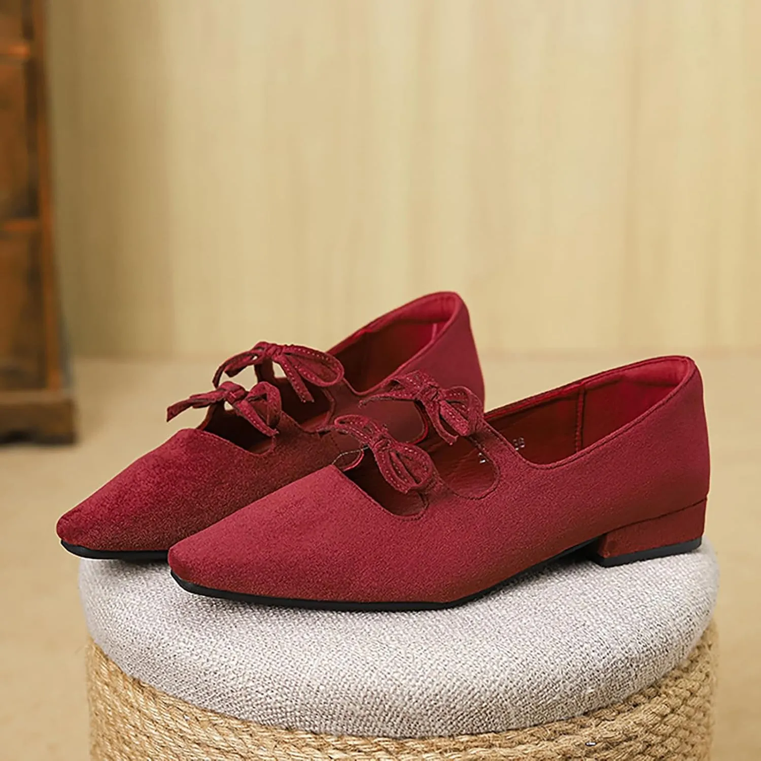 Women's Suede Double Strap Pointed Toe Mary Jane Flat Walking Shoes Fashion Bow Elastic Strap Comfortable Low Block Heel Dress Shoes for Office Work Party