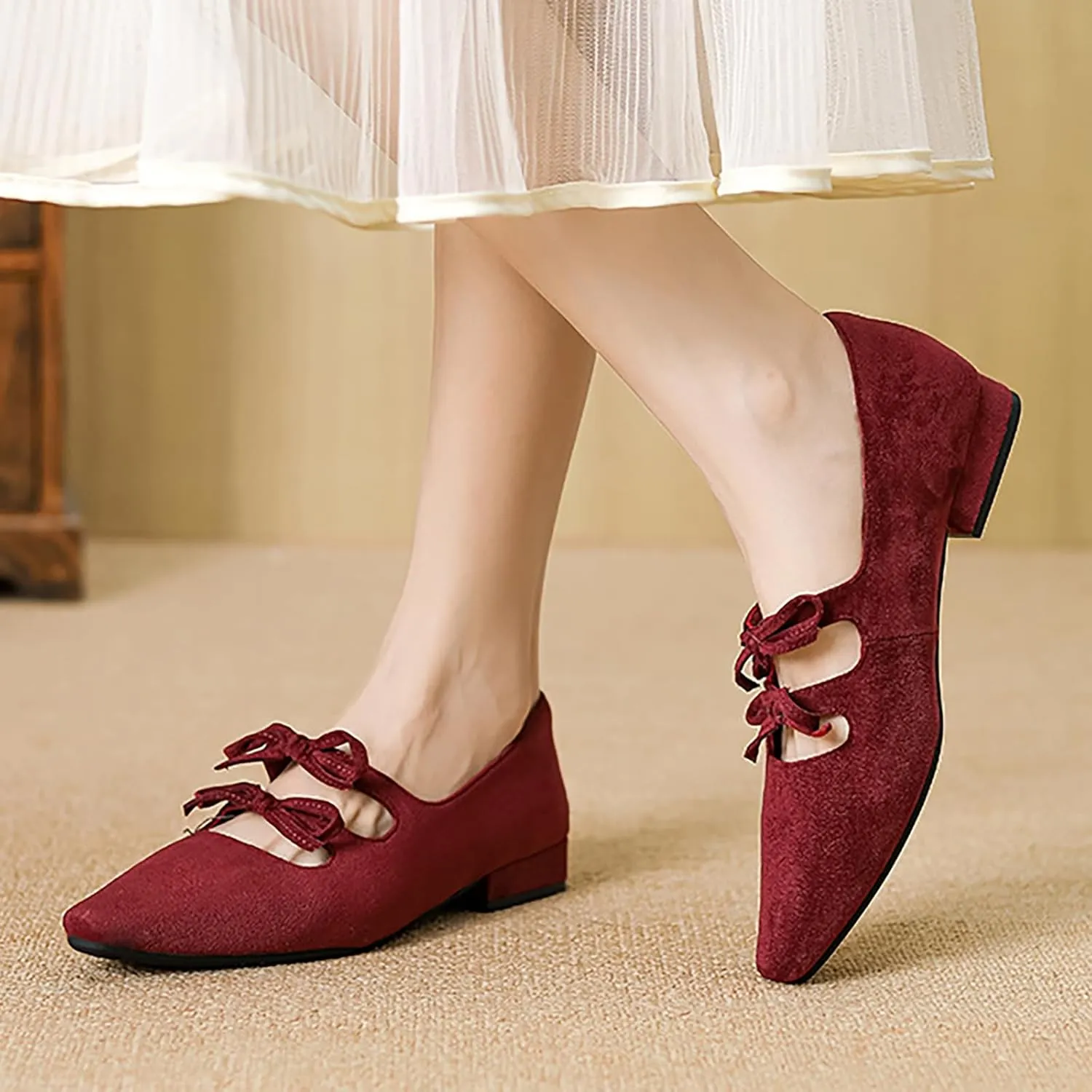 Women's Suede Double Strap Pointed Toe Mary Jane Flat Walking Shoes Fashion Bow Elastic Strap Comfortable Low Block Heel Dress Shoes for Office Work Party