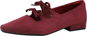 Women's Suede Double Strap Pointed Toe Mary Jane Flat Walking Shoes Fashion Bow Elastic Strap Comfortable Low Block Heel Dress Shoes for Office Work Party