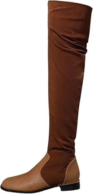 Women's Suede Over The Knee Flat Boots Fashion Splice Round Toe Stretch Side Zipper Boots Comfortable Waterproof Non Slip Outdoor Shoes