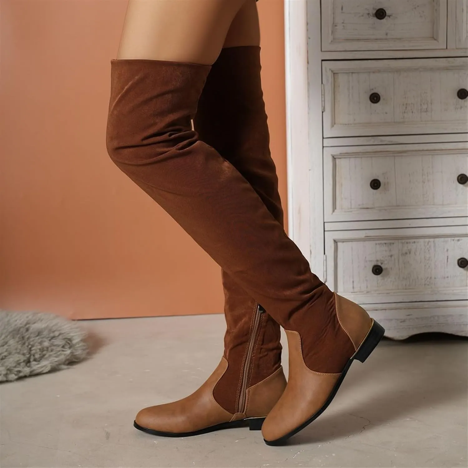 Women's Suede Over The Knee Flat Boots Fashion Splice Round Toe Stretch Side Zipper Boots Comfortable Waterproof Non Slip Outdoor Shoes