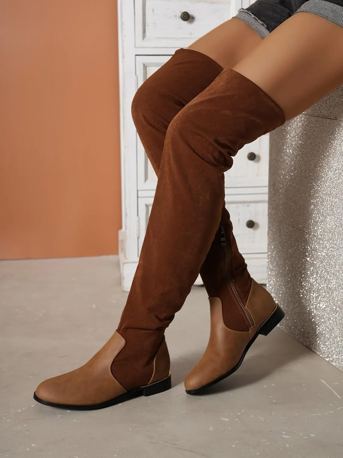 Women's Suede Over The Knee Flat Boots Fashion Splice Round Toe Stretch Side Zipper Boots Comfortable Waterproof Non Slip Outdoor Shoes