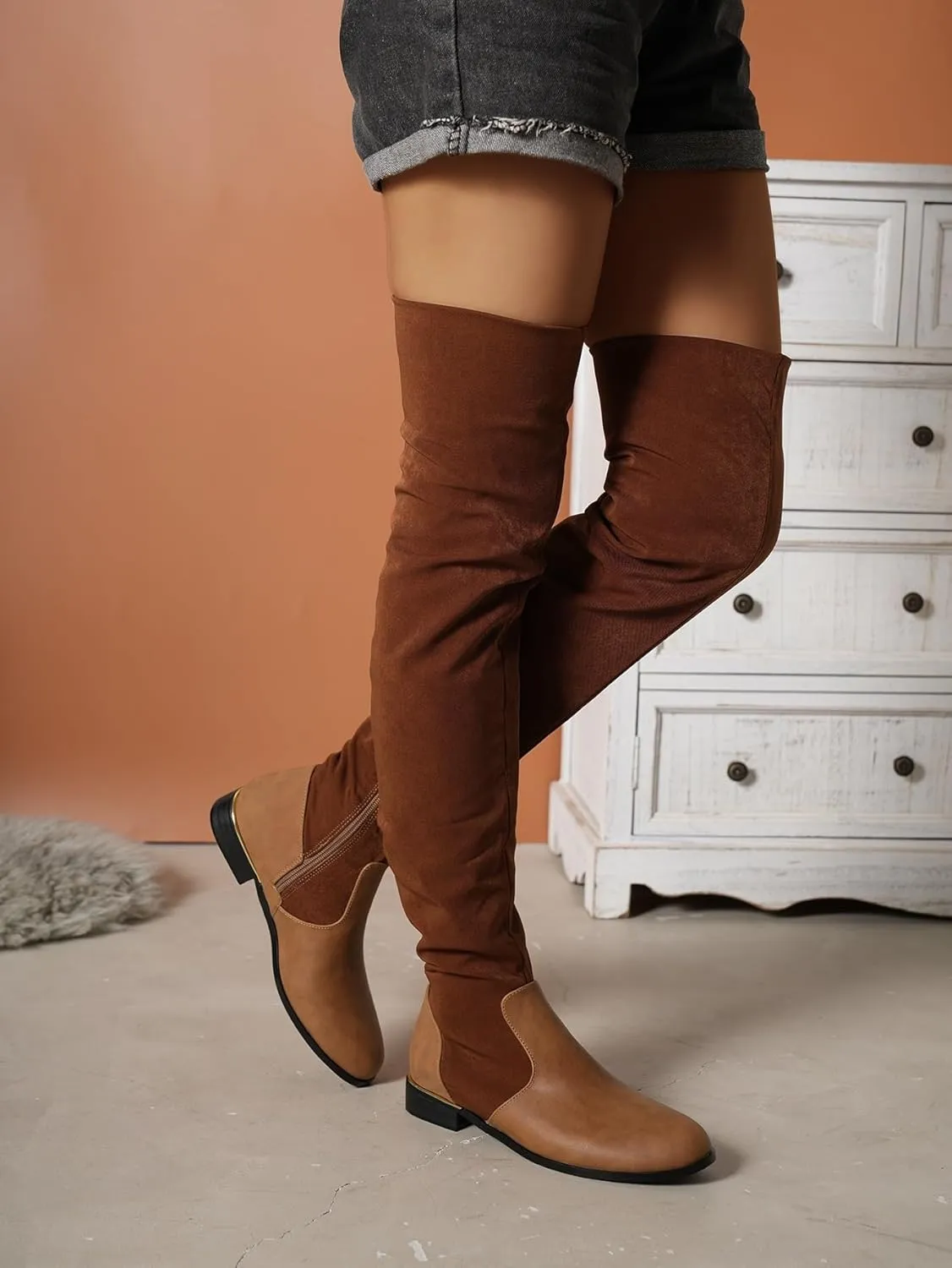 Women's Suede Over The Knee Flat Boots Fashion Splice Round Toe Stretch Side Zipper Boots Comfortable Waterproof Non Slip Outdoor Shoes