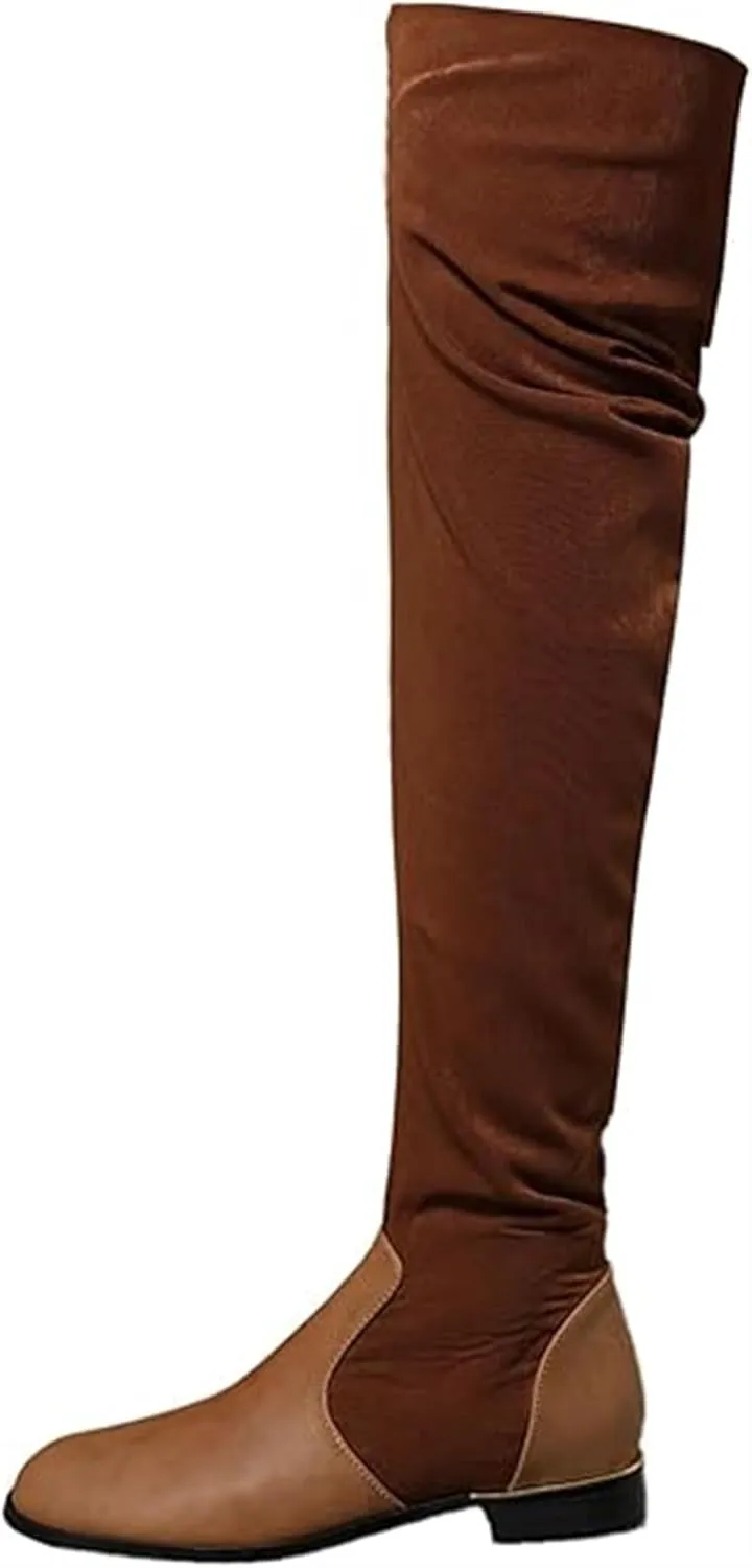 Women's Suede Over The Knee Flat Boots Fashion Splice Round Toe Stretch Side Zipper Boots Comfortable Waterproof Non Slip Outdoor Shoes