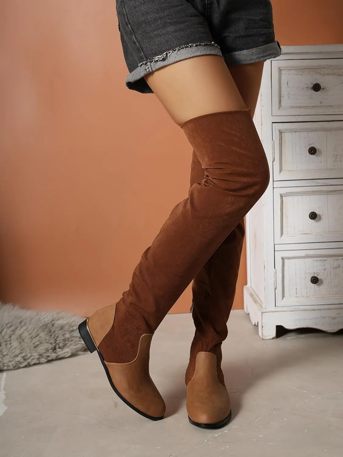 Women's Suede Over The Knee Flat Boots Fashion Splice Round Toe Stretch Side Zipper Boots Comfortable Waterproof Non Slip Outdoor Shoes