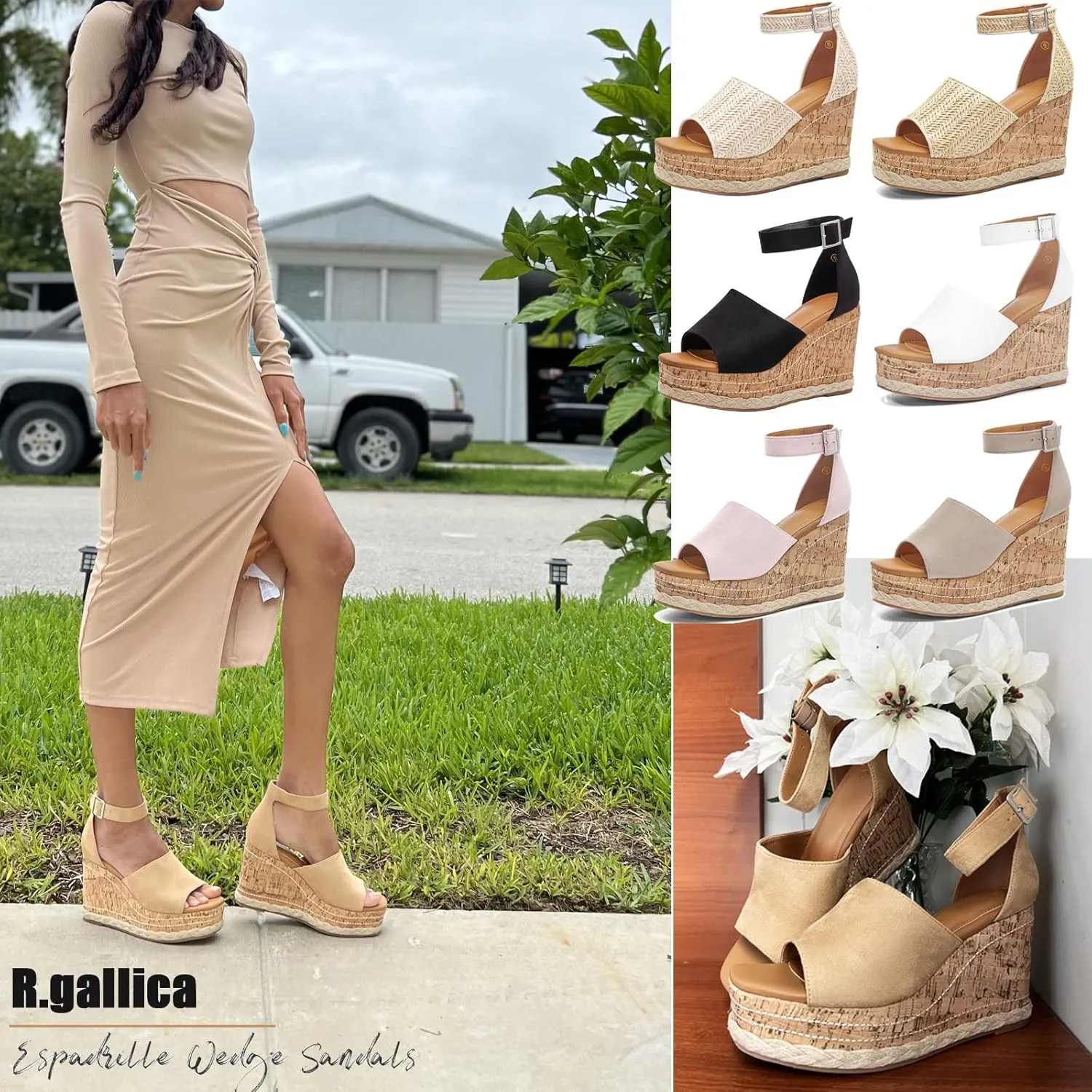 Women's Wedge Platform Espadrille Sandals Braided Open Square Toe Ankle Buckle Strappy Cork Sole Summer Shoes