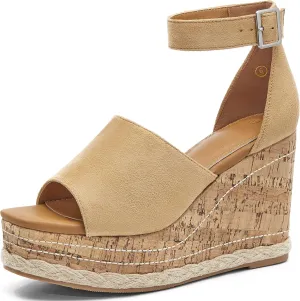 Women's Wedge Platform Espadrille Sandals Braided Open Square Toe Ankle Buckle Strappy Cork Sole Summer Shoes