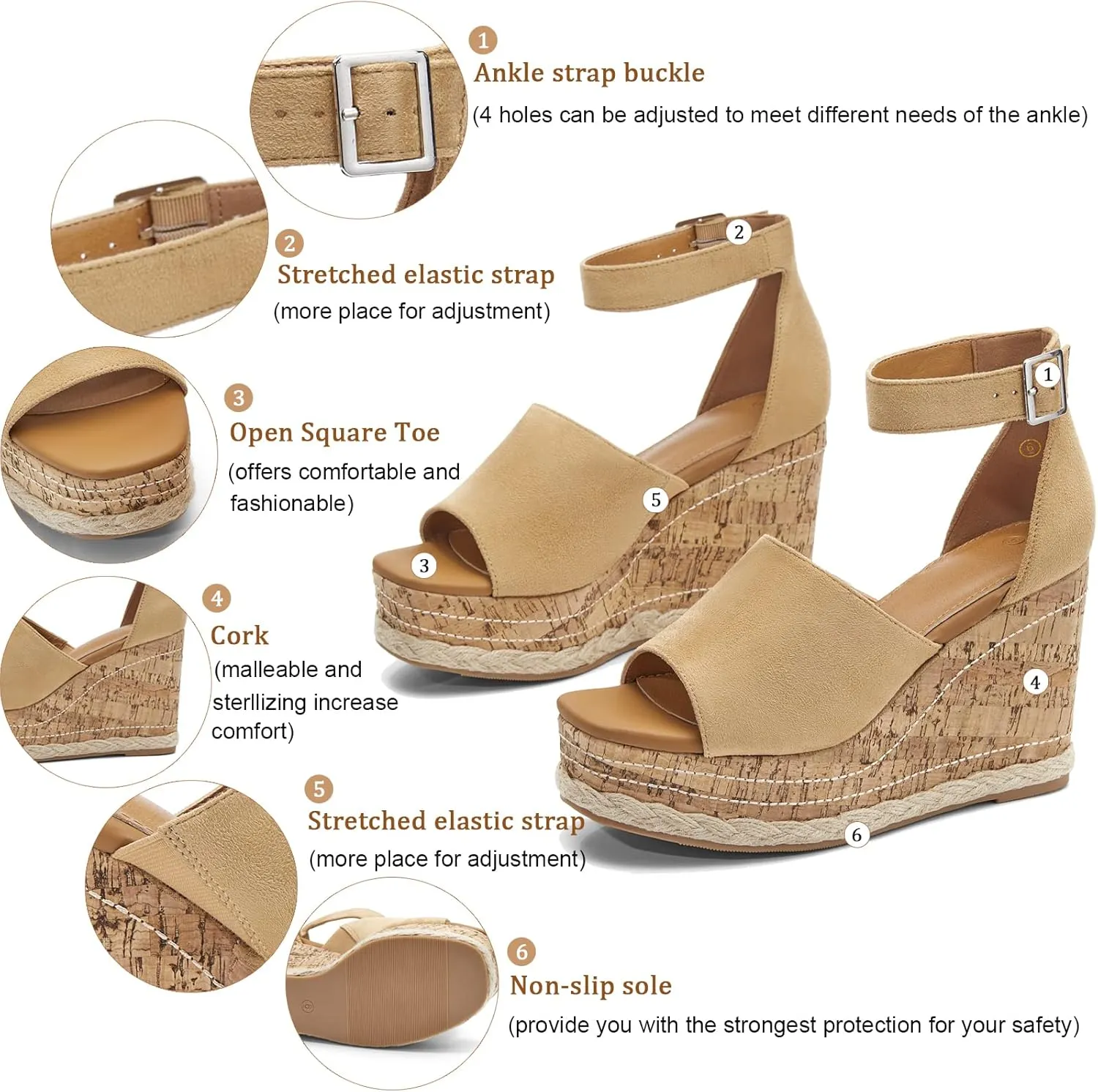 Women's Wedge Platform Espadrille Sandals Braided Open Square Toe Ankle Buckle Strappy Cork Sole Summer Shoes
