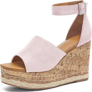 Women's Wedge Platform Espadrille Sandals Braided Open Square Toe Ankle Buckle Strappy Cork Sole Summer Shoes