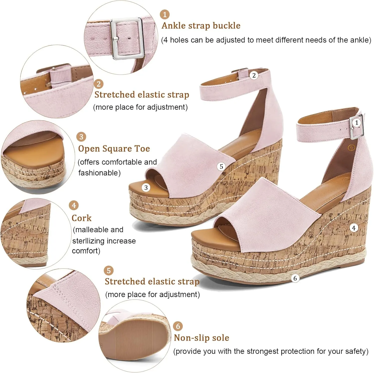Women's Wedge Platform Espadrille Sandals Braided Open Square Toe Ankle Buckle Strappy Cork Sole Summer Shoes