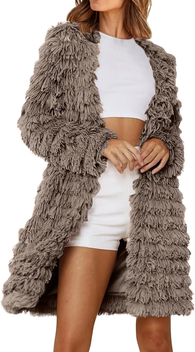 Women's Winter Casual Comfortable Artificial Fur Leather Jacket Autumn Fashion Open Front Long Fury Coat