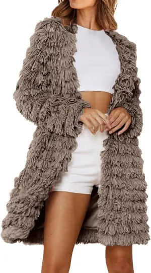 Women's Winter Casual Comfortable Artificial Fur Leather Jacket Autumn Fashion Open Front Long Fury Coat