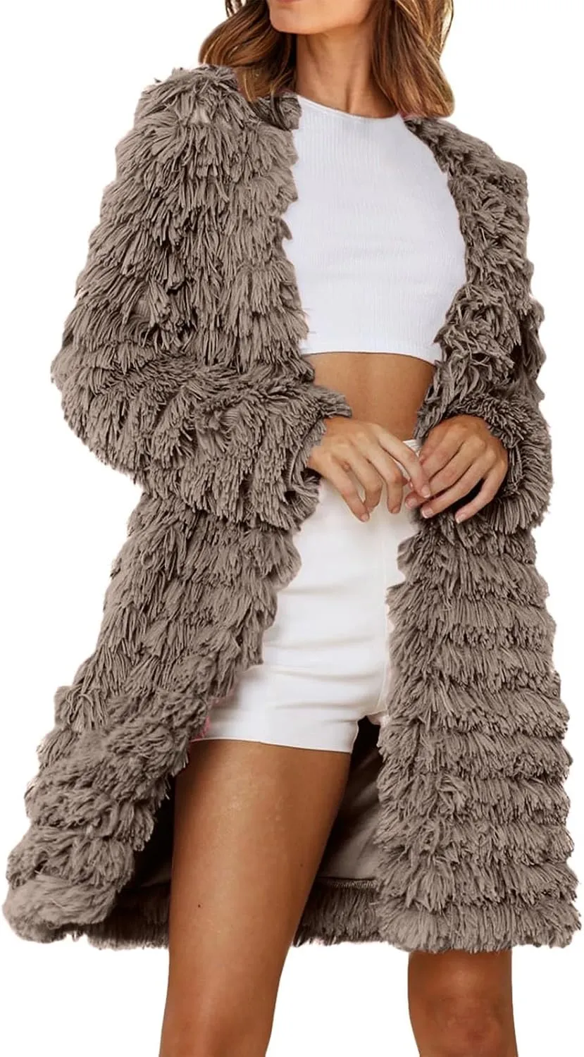 Women's Winter Casual Comfortable Artificial Fur Leather Jacket Autumn Fashion Open Front Long Fury Coat