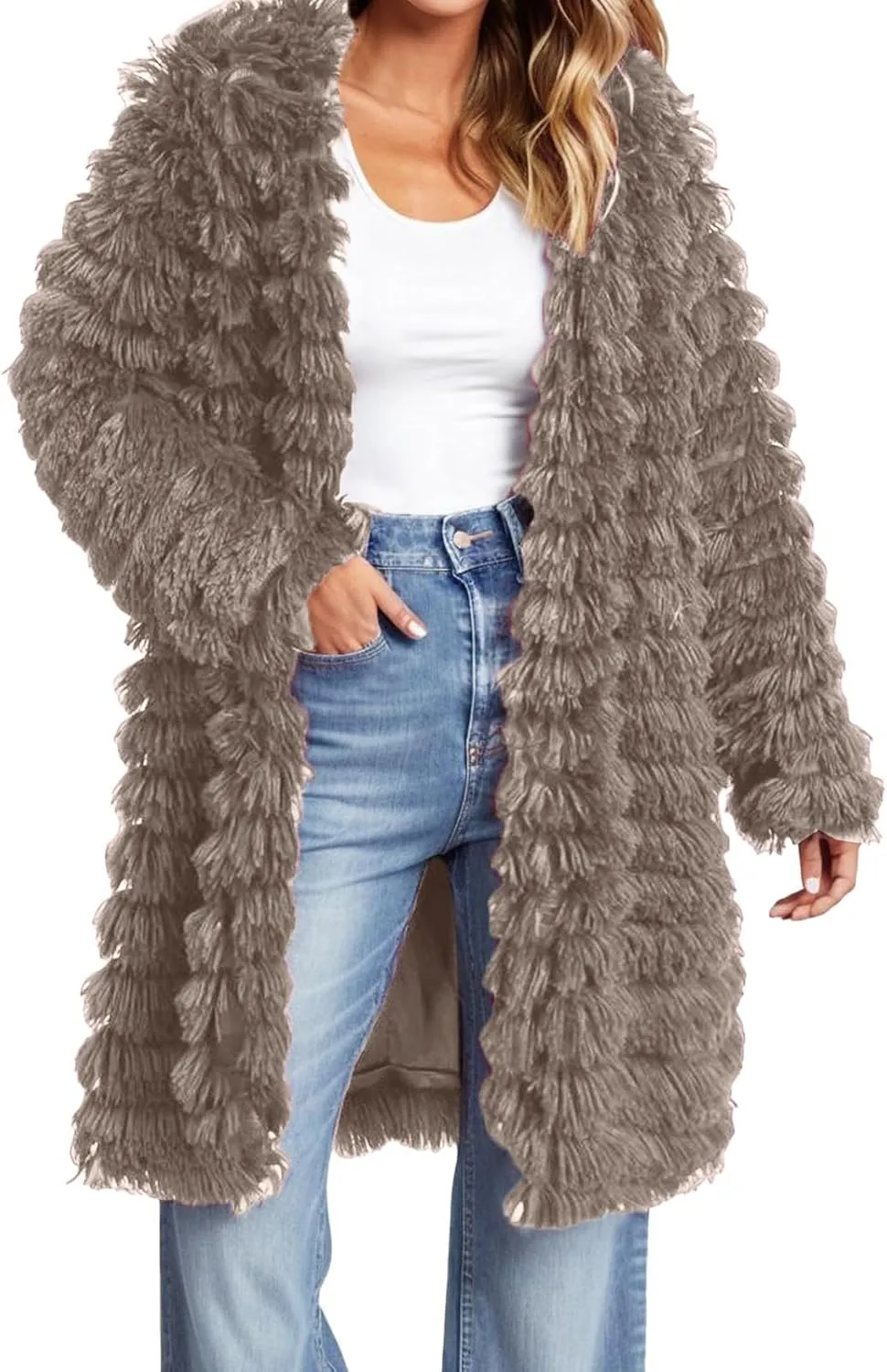 Women's Winter Casual Comfortable Artificial Fur Leather Jacket Autumn Fashion Open Front Long Fury Coat