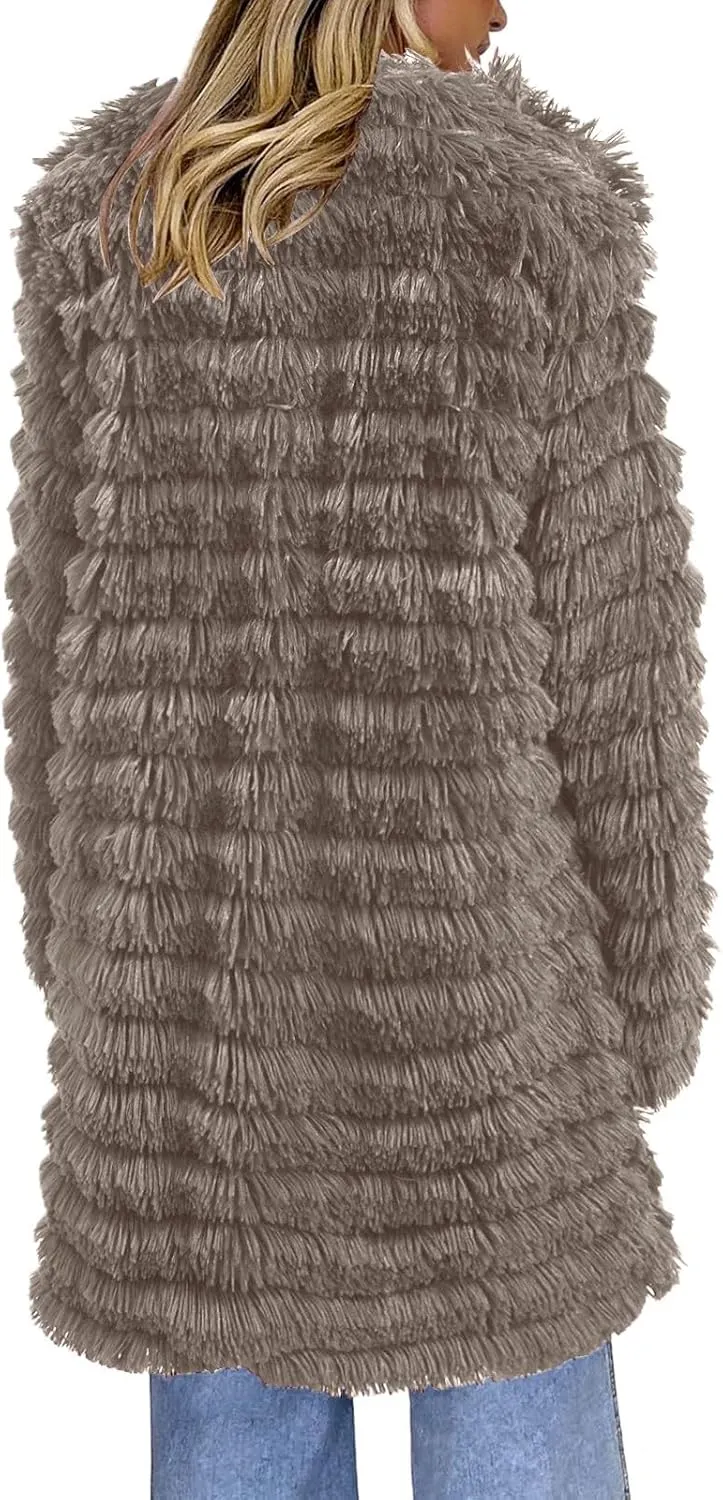 Women's Winter Casual Comfortable Artificial Fur Leather Jacket Autumn Fashion Open Front Long Fury Coat