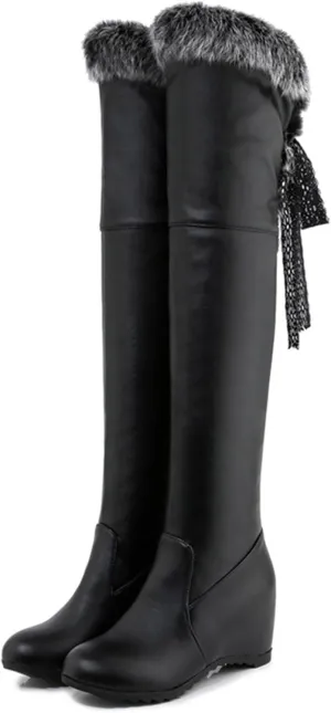 Women's Winter Over The Knee Thigh High Snow Boots Stretch Thick Rabbit Fur Collar Warm Leather Waterproof Slip-on Hidden Wedge Boot