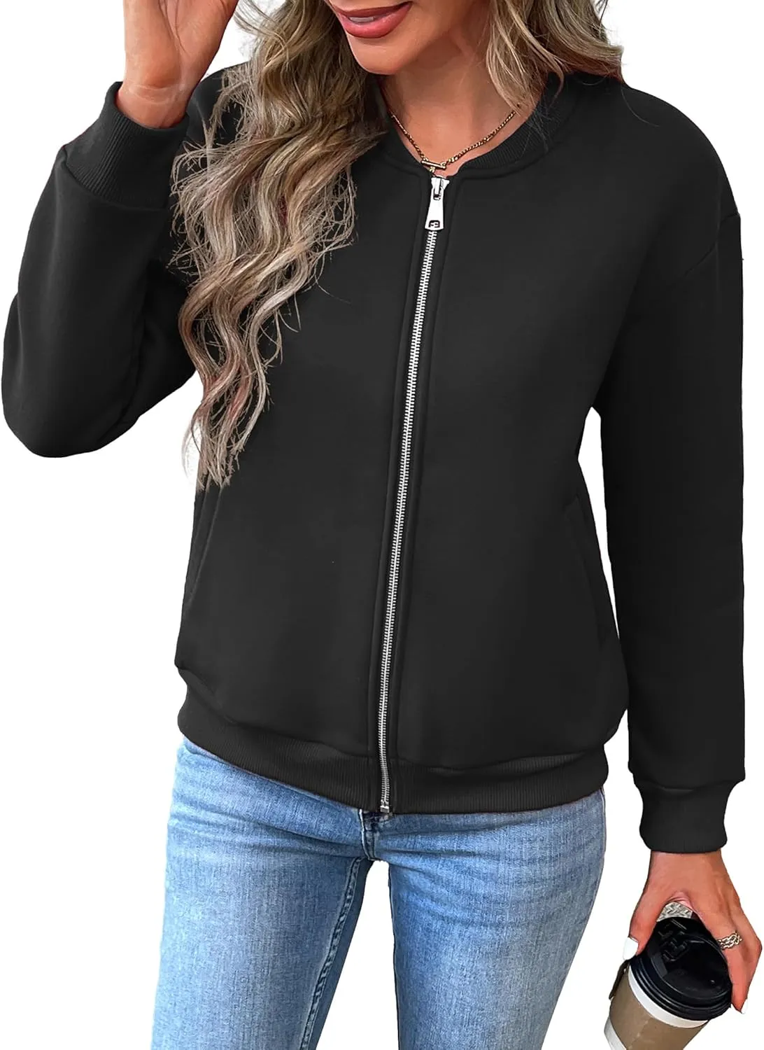 Women's Zip Up Sweatshirts Jackets Long Sleeve Bomber Jacket Casual Outwear with Pockets