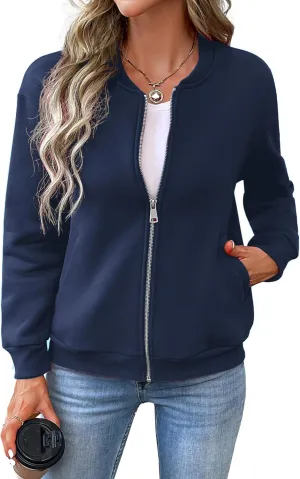 Women's Zip Up Sweatshirts Jackets Long Sleeve Bomber Jacket Casual Outwear with Pockets