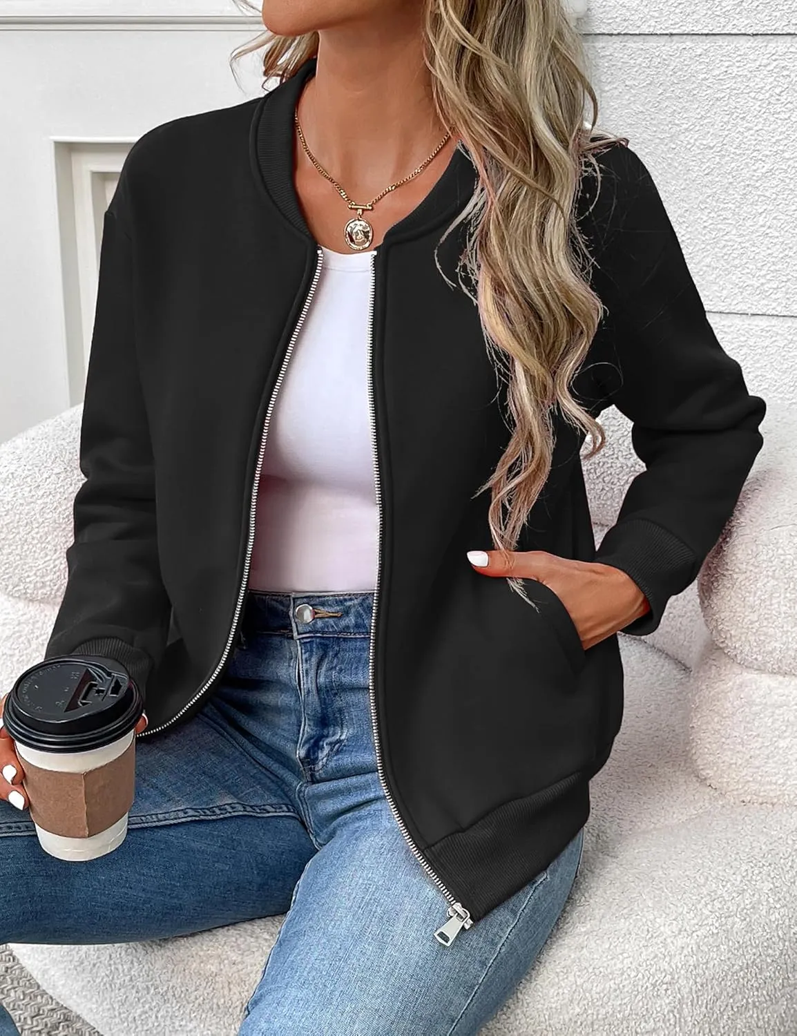 Women's Zip Up Sweatshirts Jackets Long Sleeve Bomber Jacket Casual Outwear with Pockets